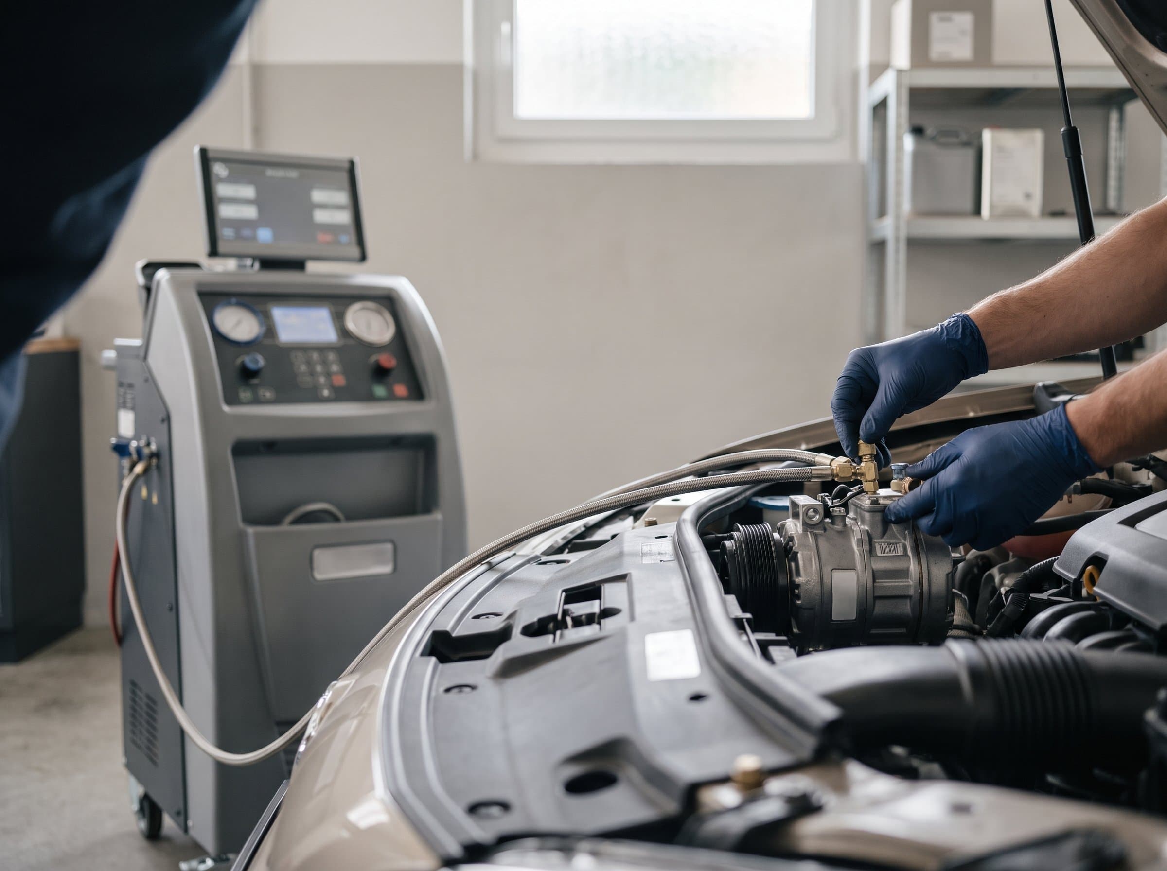 Im offenen Motorraum werden die Schläuche des Klimaservicegeräts angeschlossen