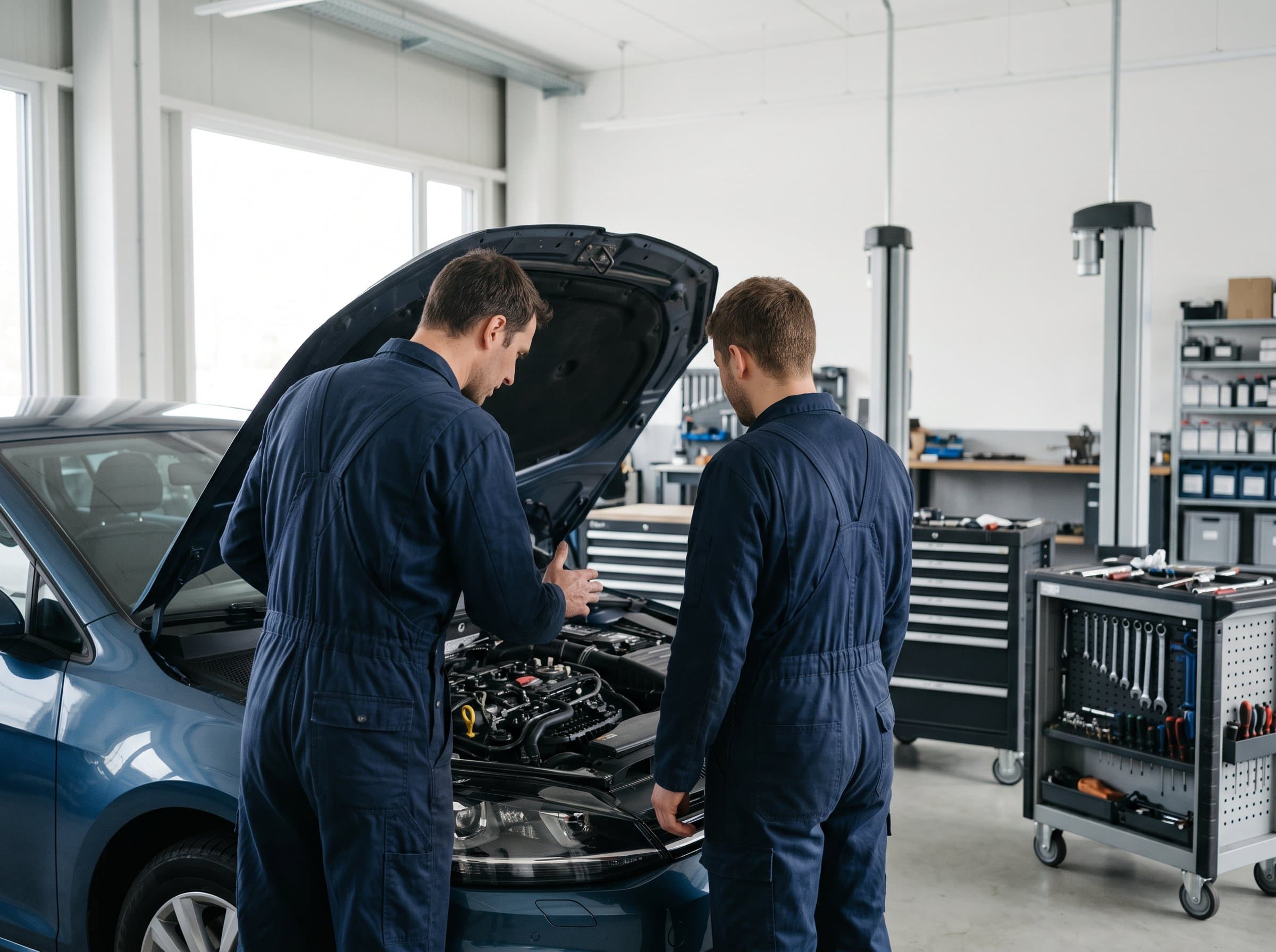 Zwei Mechaniker besprechen sich über der offenen Motorhaube