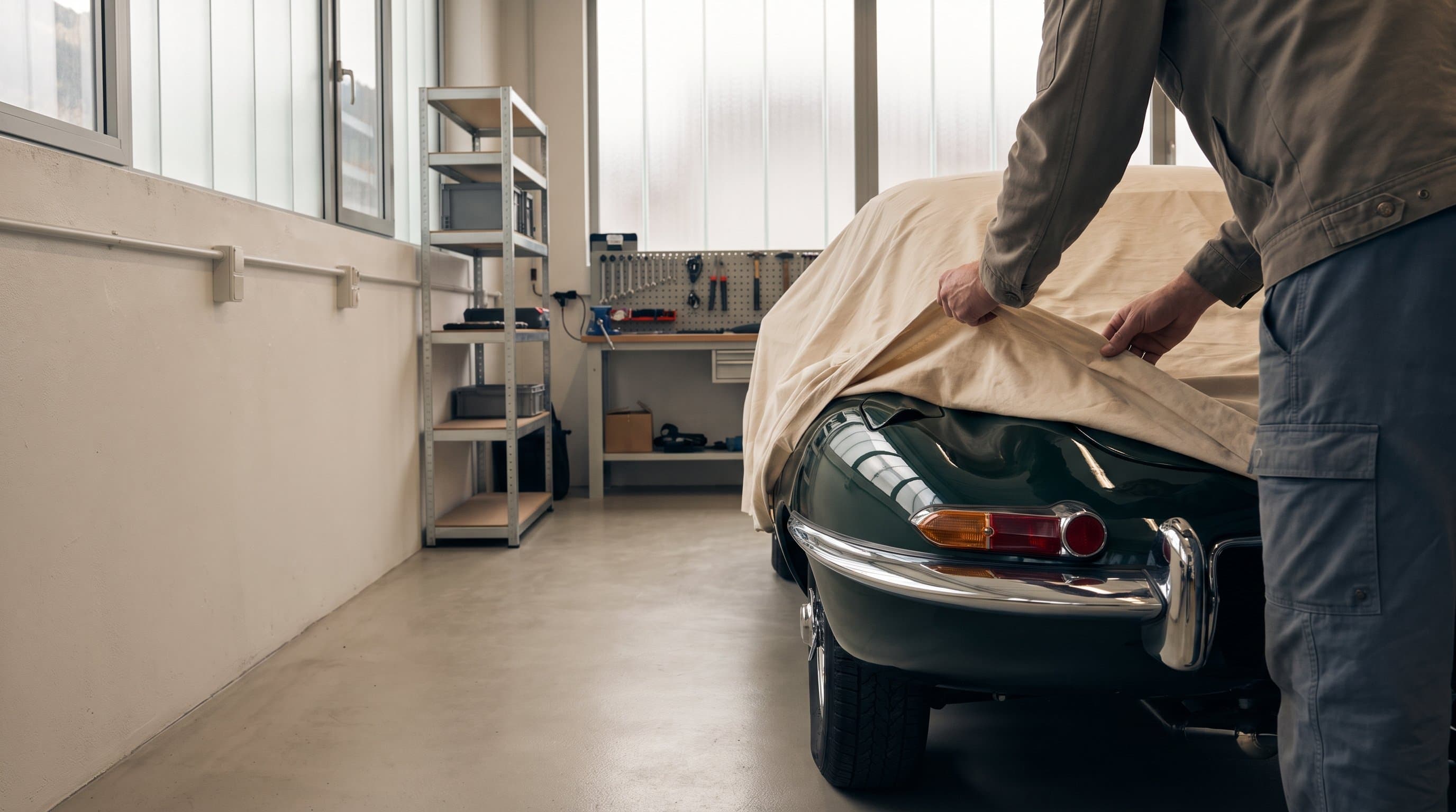 Ein restaurierter Oldtimer in der Werkstatt, das Abdecktuch wird zurückgeschlagen