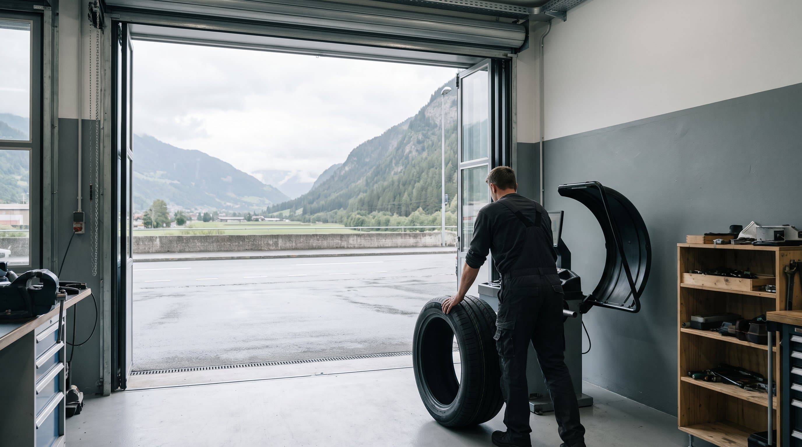 Ein Mechaniker rollt einen neuen Reifen zur Wuchtmaschine, das Rolltor steht offen