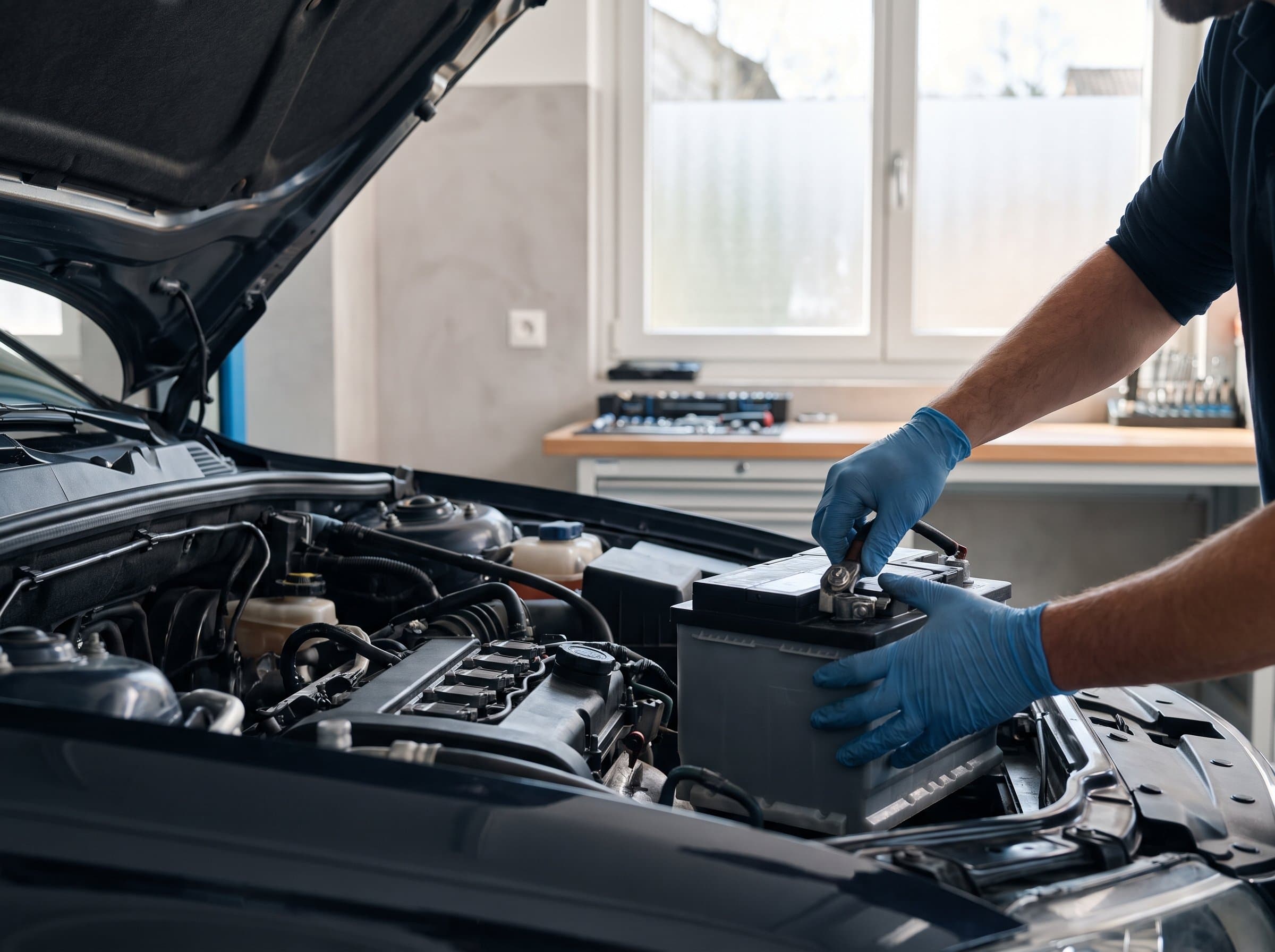 Eine neue Batterie wird eingesetzt und die Polklemmen angezogen