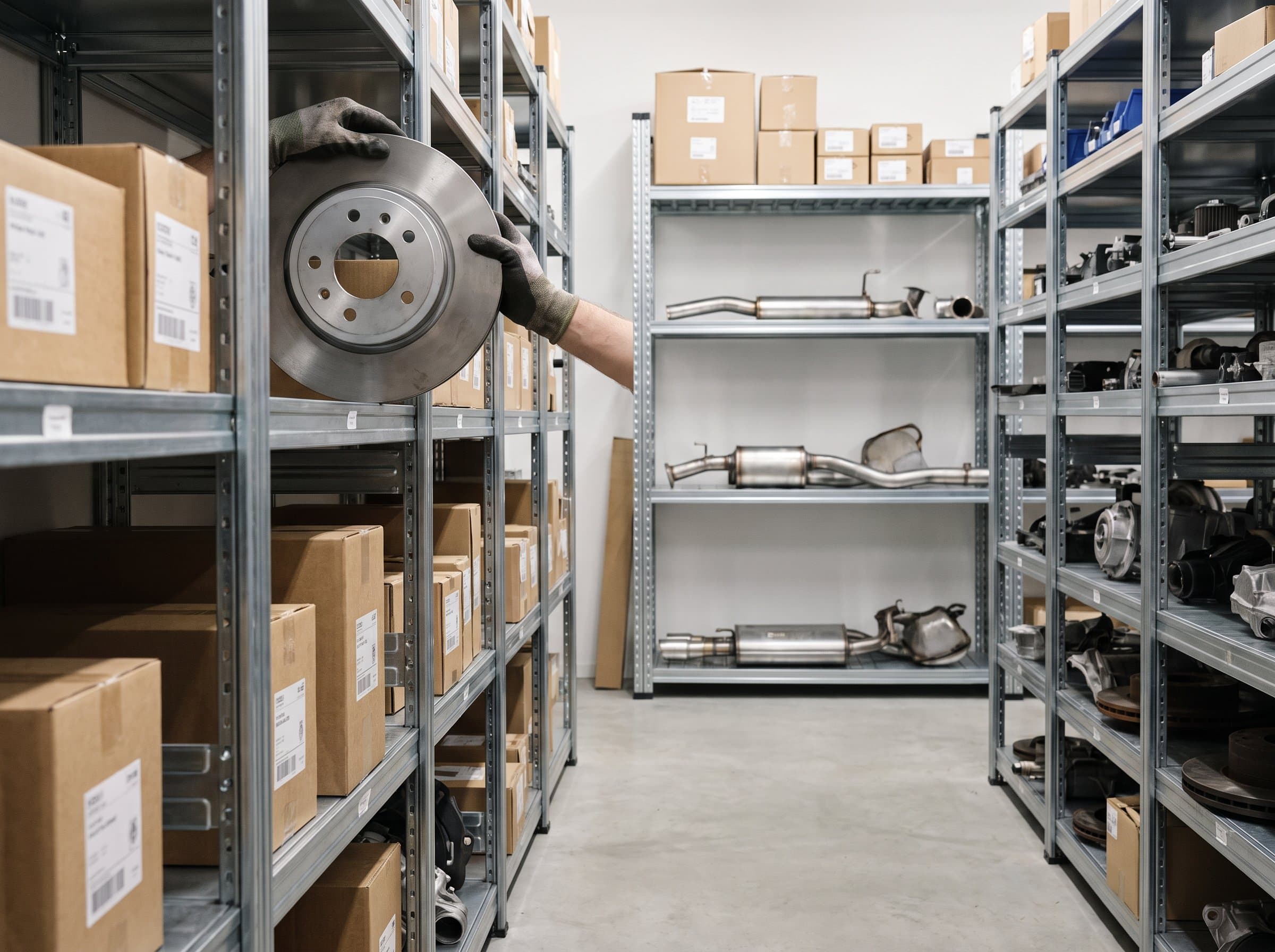 Das Ersatzteillager einer Garage mit Bremsscheiben, Filtern und Auspuffteilen